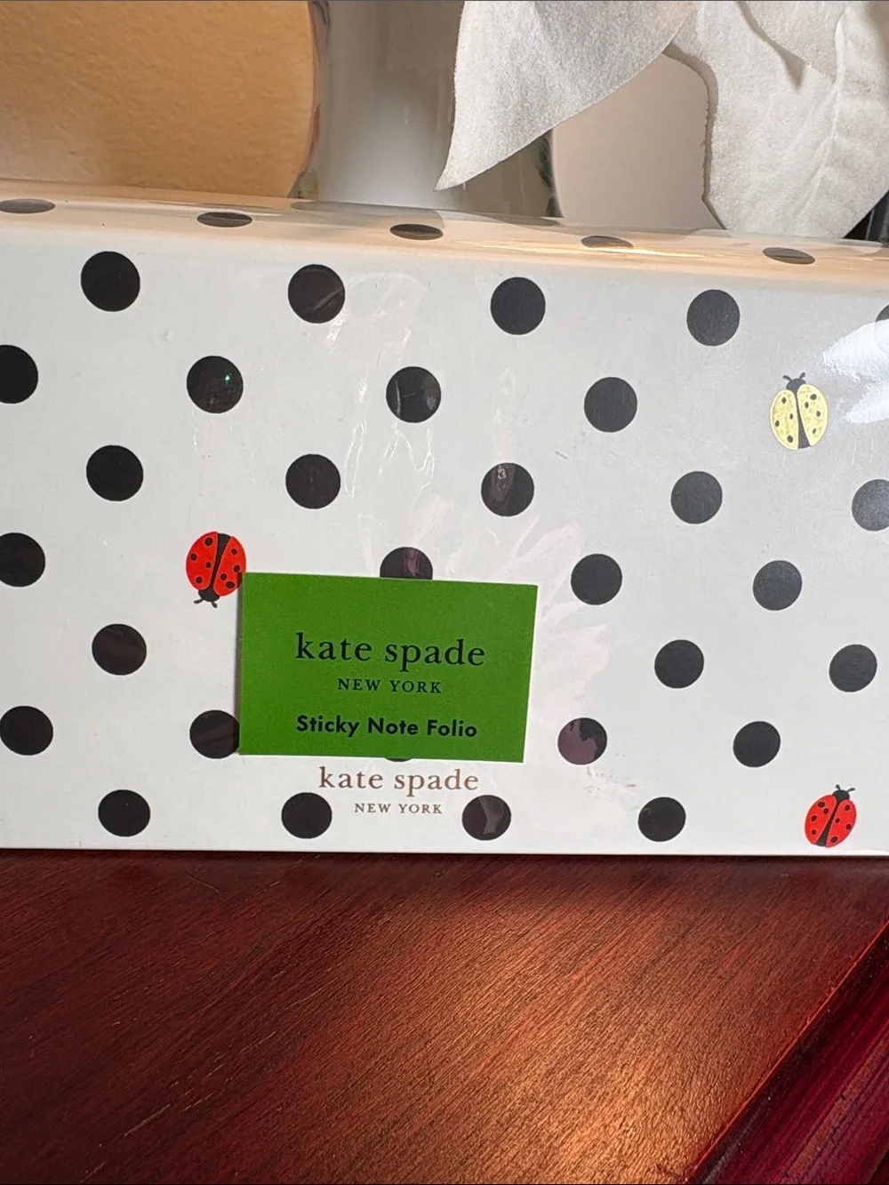 kate spade White & Black Polka Dot Sticky Note Folio with Ladybug Accents